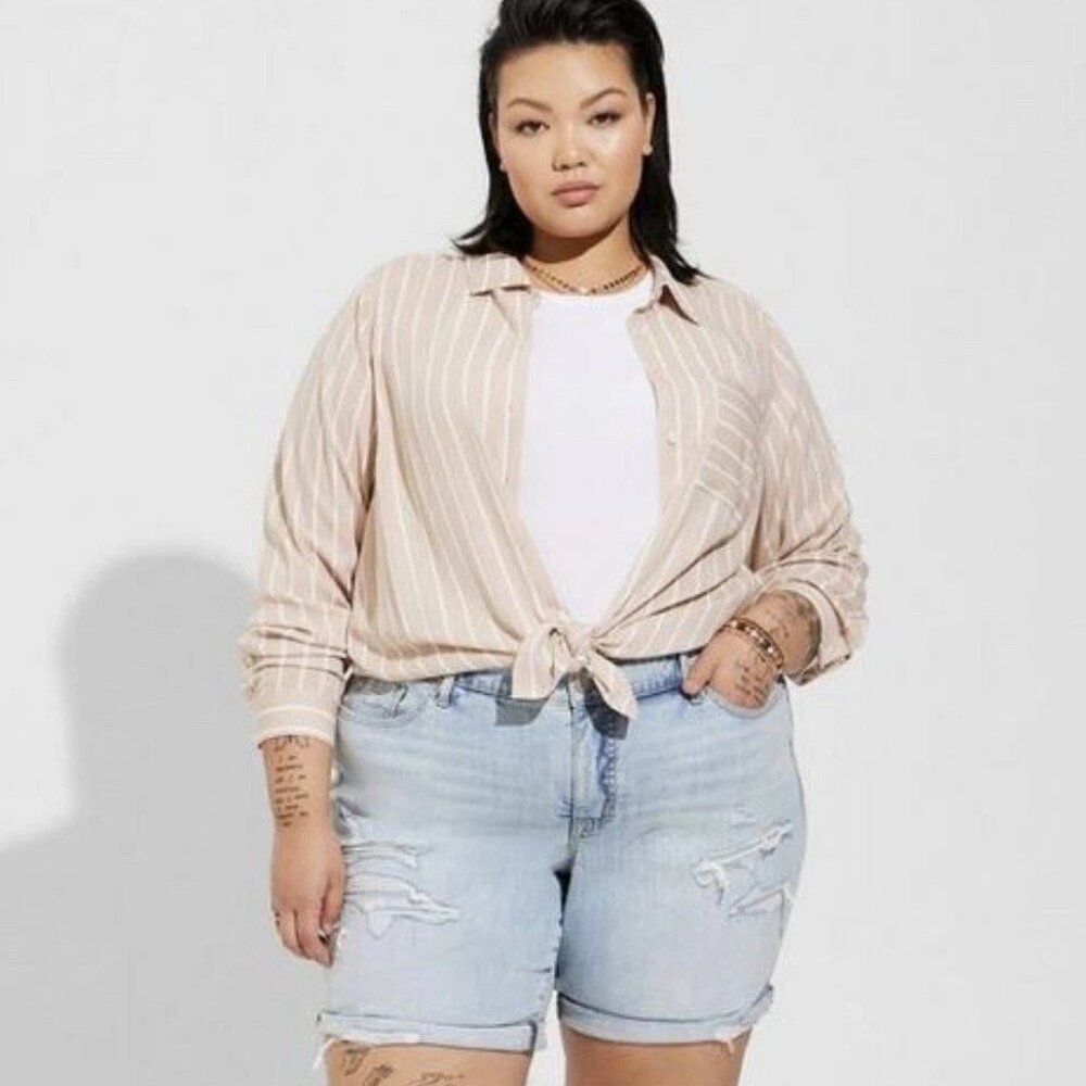 Torrid Lizzie Crinkle Gauze Tan White Striped Button Down Shirt Size 4X